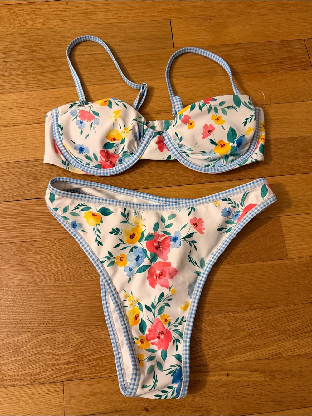 wild fable White Floral Bikini Top with Blue Gingham Trim